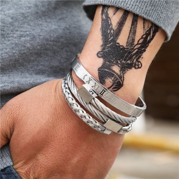 New! 3 Piece Royal Roman Bracelets Bangles Adjustable Silver Square